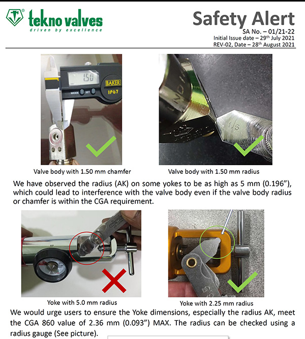 SAFETY ALERT - Use of Pin Index Valves (MYC-10C) as per CGA V-1 with Non-standard Yoke Regulators